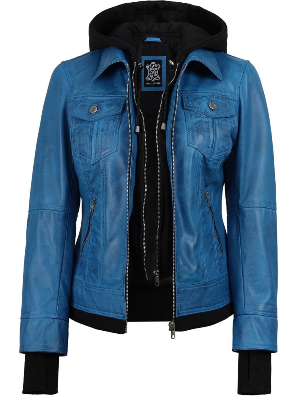 Women’s Wax Blue Real Leather Bomber Jacket Detachable Hood